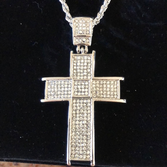 Silver cross with rhinestone thick Cuban necklace